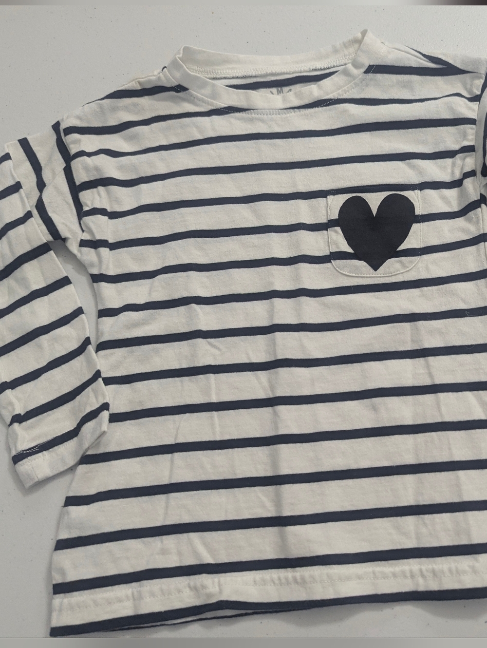 Primary White and Black Striped Long Sleeve Tee with Heart Pocket